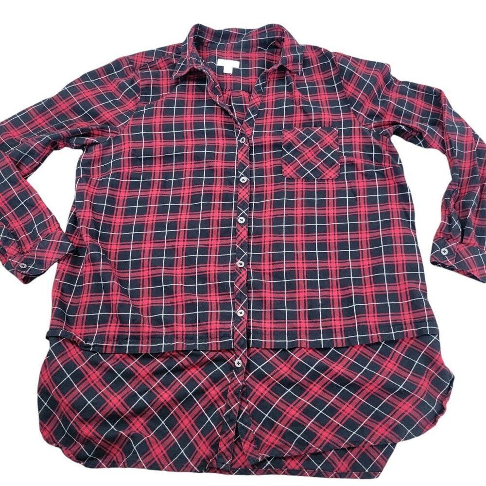 J Jill Tunic Top Womens Large Black Red Plaid Long Sleeve Button Up Blouse